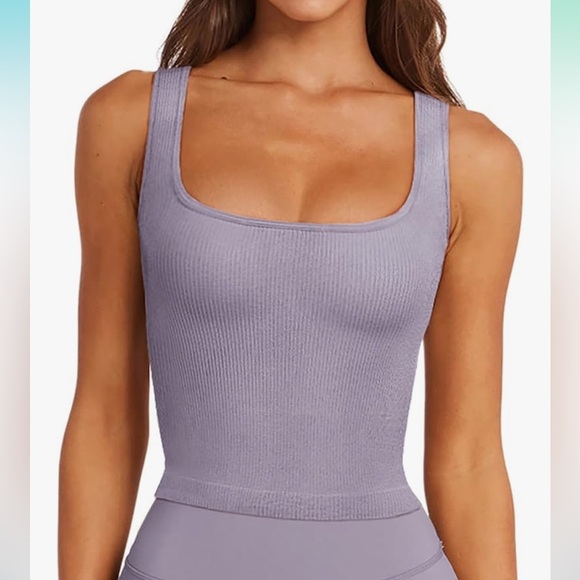 NWT  Sports Bra Ribbed Seamless Wirefree Padded Long Tank Tops Square Neck Large - Picture 1 of 8